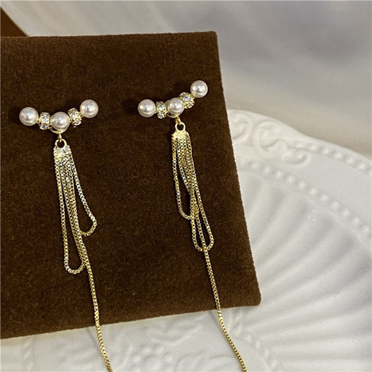 Suitable Tassel Elegant Round Pearl Long Earrings