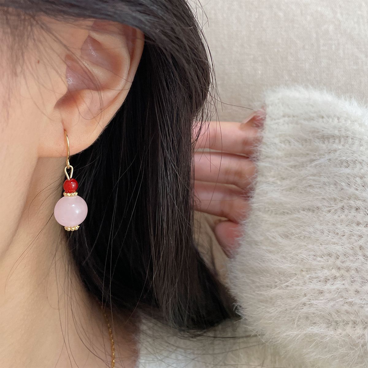 Temperament Red Jade Ear Hook Female Retro Festive Earrings