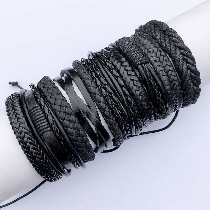 Handmade Woven Black Leather Set Combination Bracelets