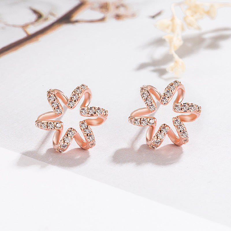 Korean Live Broadcast Hexapetalous Flowers Rose Gold Full Diamond Flower Earrings