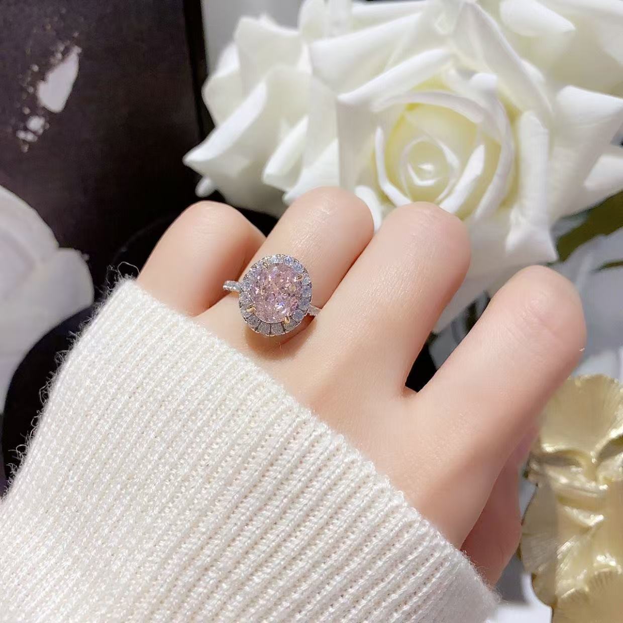 Super Flash Pink Diamond Big Oval Luxury Sweet Beautiful Design Ring