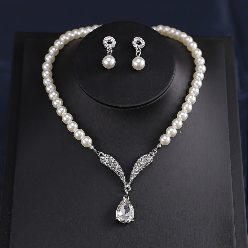 Women's Bridal Wedding Two-piece Dress Rhinestone Pearl Jewelry Set