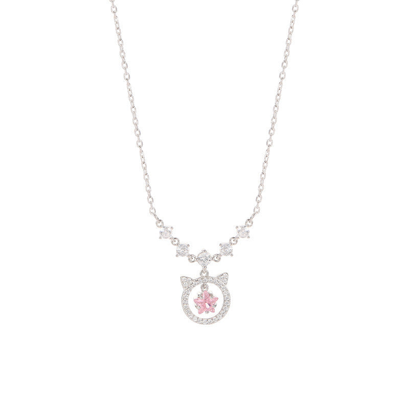 Sterling-Halsketten mit Girly-Tier-Kitty-Anhänger und rosa Diamanten für Damen