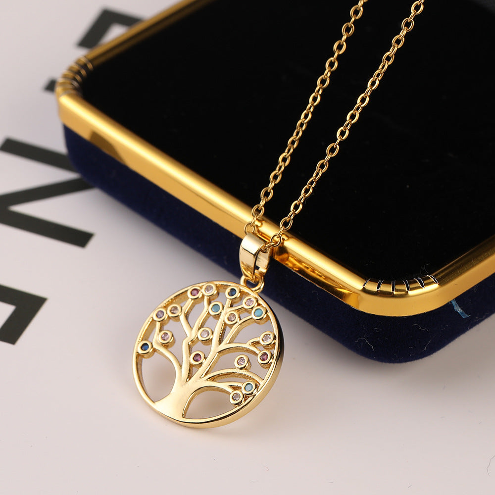 Inlaid Zircon Tree Of Life Copper Palm Necklaces