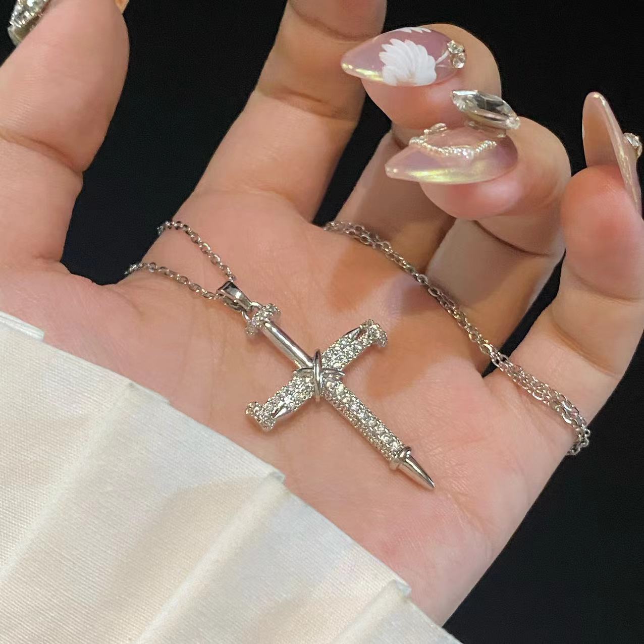 Nail Cross Diamond Inlaid Clavicle Chain Necklace