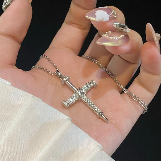 Nail Cross Diamond Inlaid Clavicle Chain Necklace