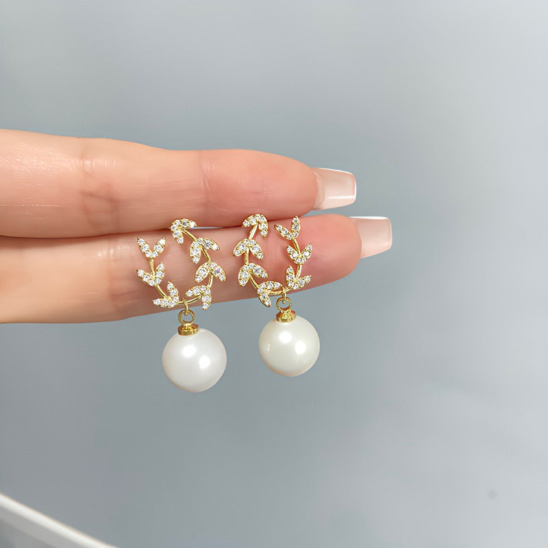 Sier Needle French Rhinestone Pearl Leaf-shaped Earrings