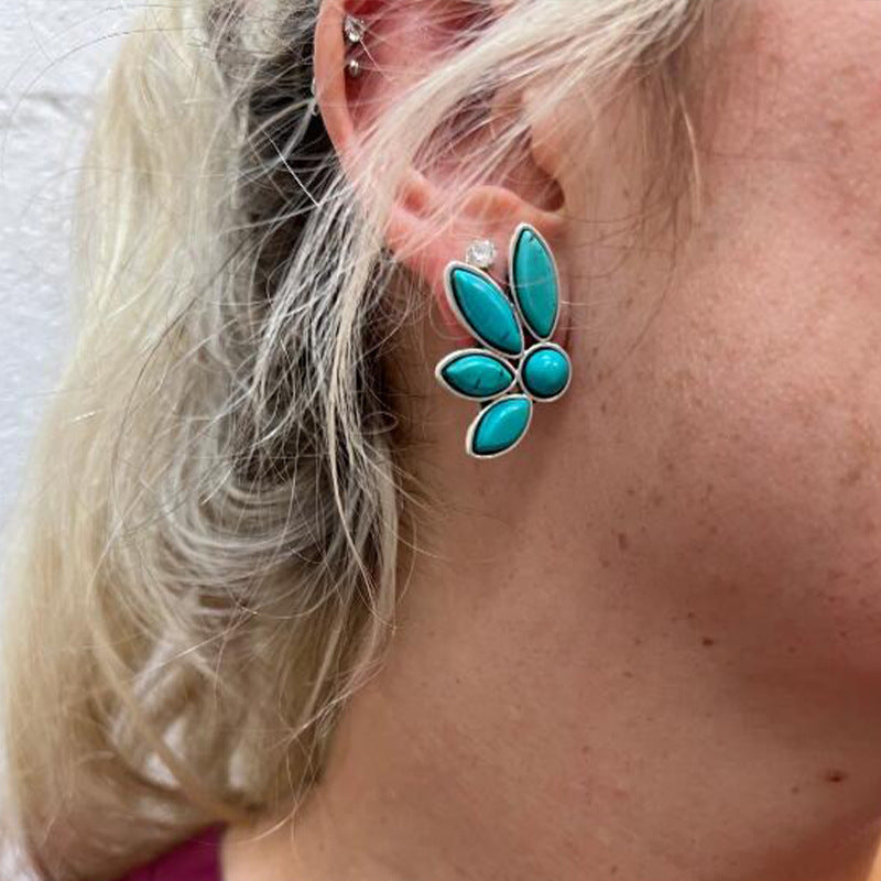 Retro Personalized Fan-shaped Turquoise Creative Petals Stud Earrings