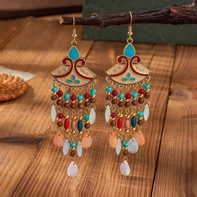 Ethnic Style Tassel Long Bohemian Crystal Yunnan Summer Earrings