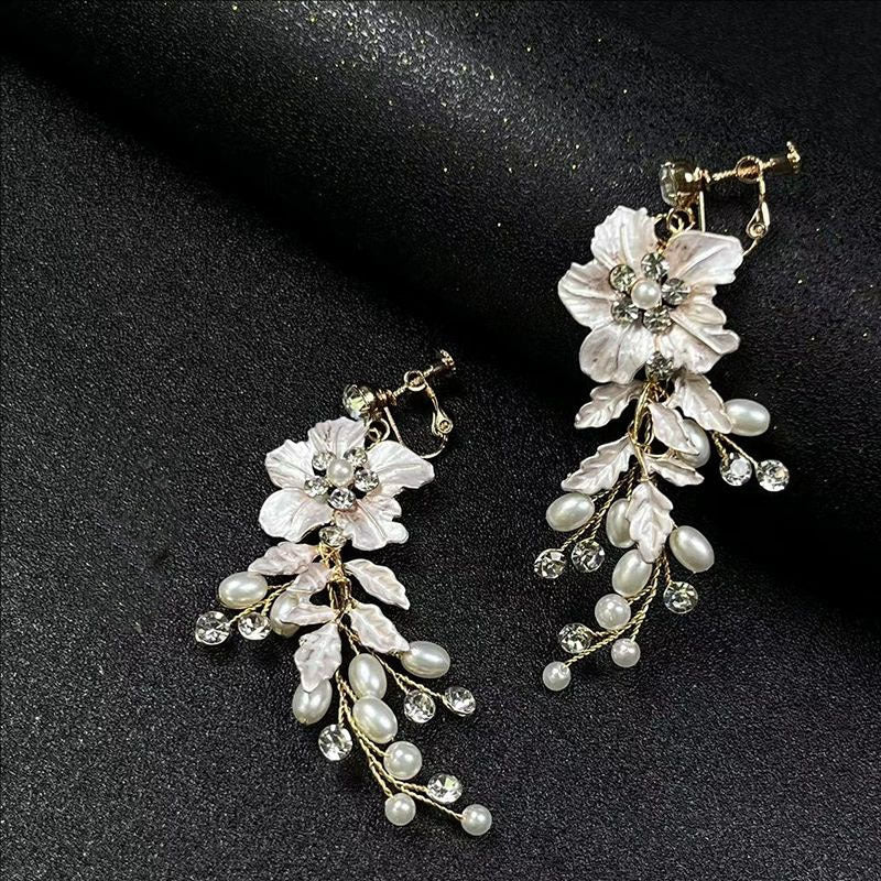 Wedding Bride Handmade Ear Flower Clip No Pierced Bead Earrings