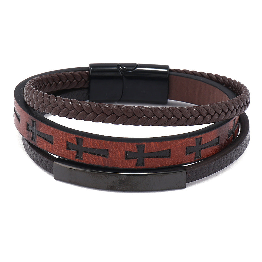 Men's Vintage Cross Leather Weaving Hand Rope Straight Bracelet