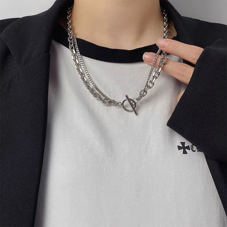 Women's & Men's Titanium Steel No Fading Geometric Personality Double Layer Couple Necklaces