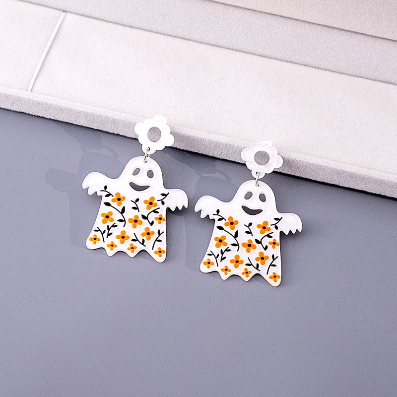 Boucles d'oreilles d'horreur en acrylique fantôme de dessin animé drôle d'Halloween pour femmes