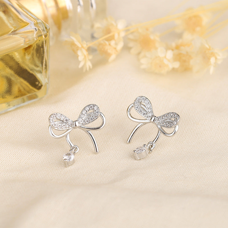 Layer Bow Female Sier Light Luxury Diamond Design High-grade Stud Earrings