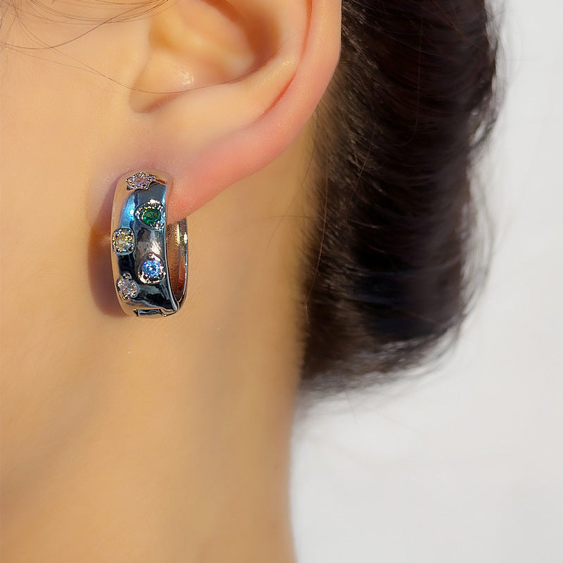 Real Gold Electroplating Simple Exquisite Color Zircon Special Interest Light Stud Earrings