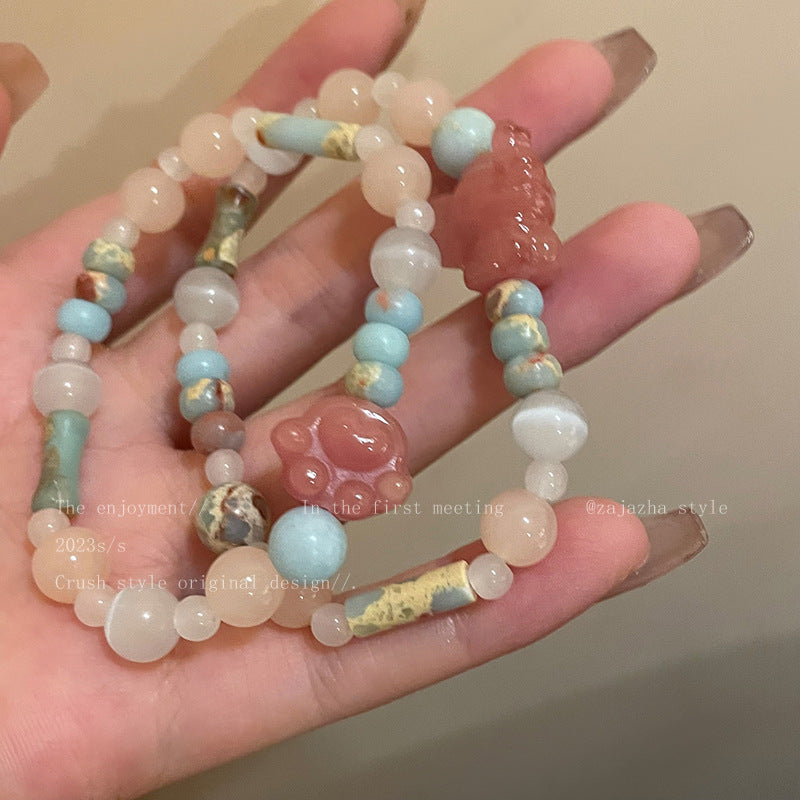 Paw Contrast Color Stone Cute Beaded Girlfriends Bracelet