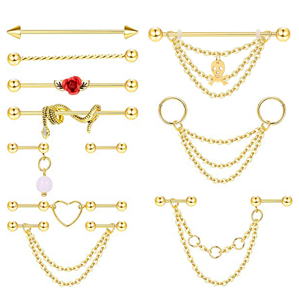 Industrial Rod Ear Bone Gem Flower Snake Chain Stud Earrings