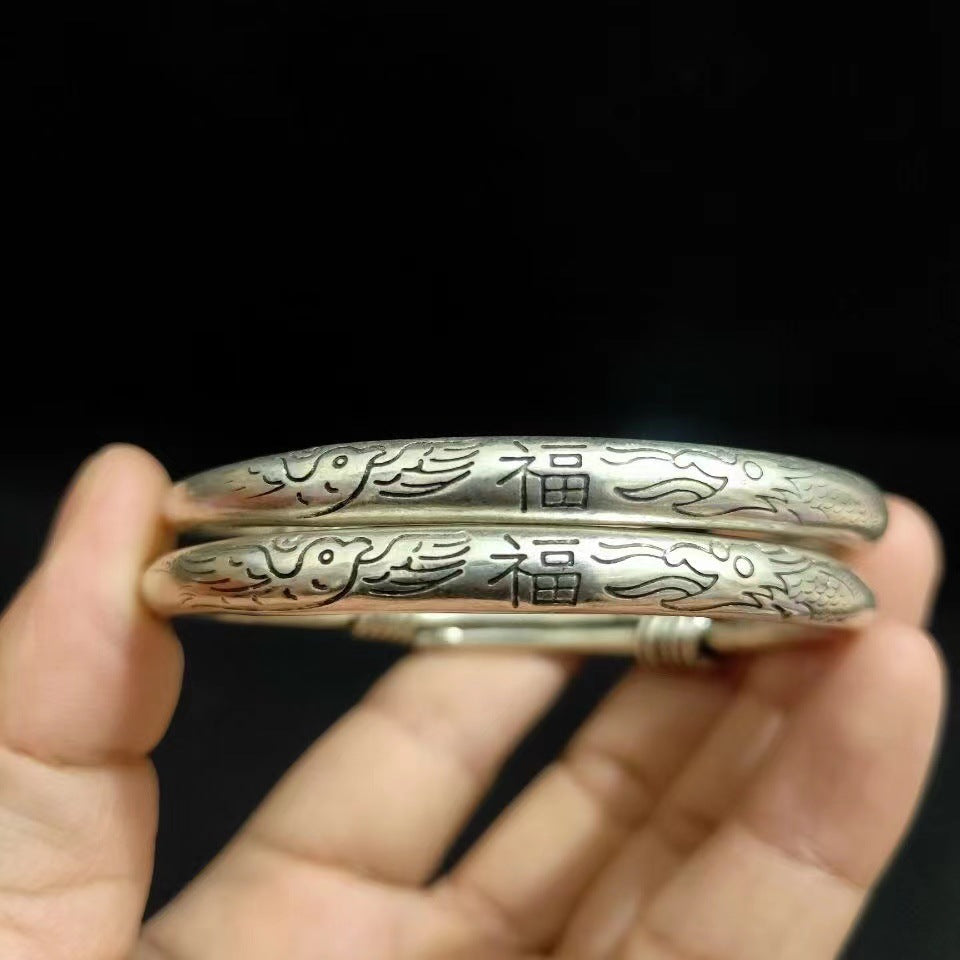 Tibetan Sier Miao Vintage Ethnic Style Fu Lu Shou Plated Bracelet