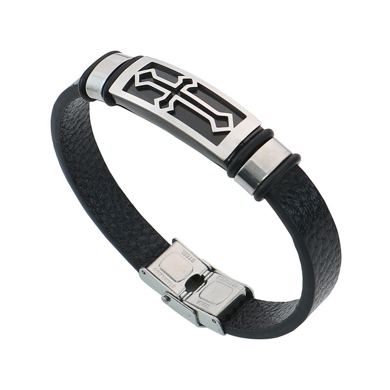 Men's Souvenir Gift Leather Titanium Steel Cross Bracelets