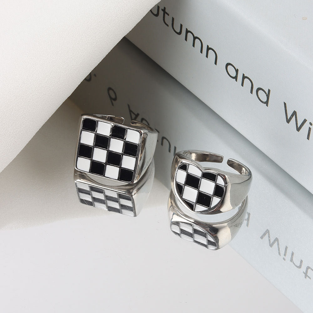 Chessboard Plaid Metal Open Cold Style Twin Rings