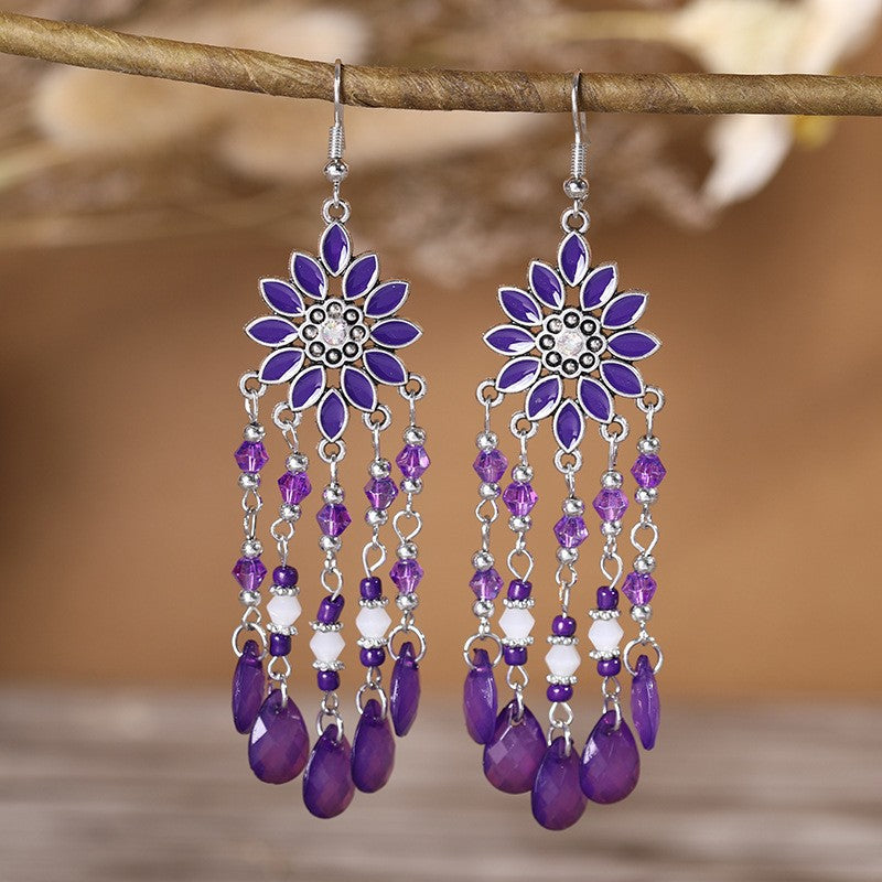 Ethnic Style Tassel Long Bohemian Crystal Yunnan Summer Earrings
