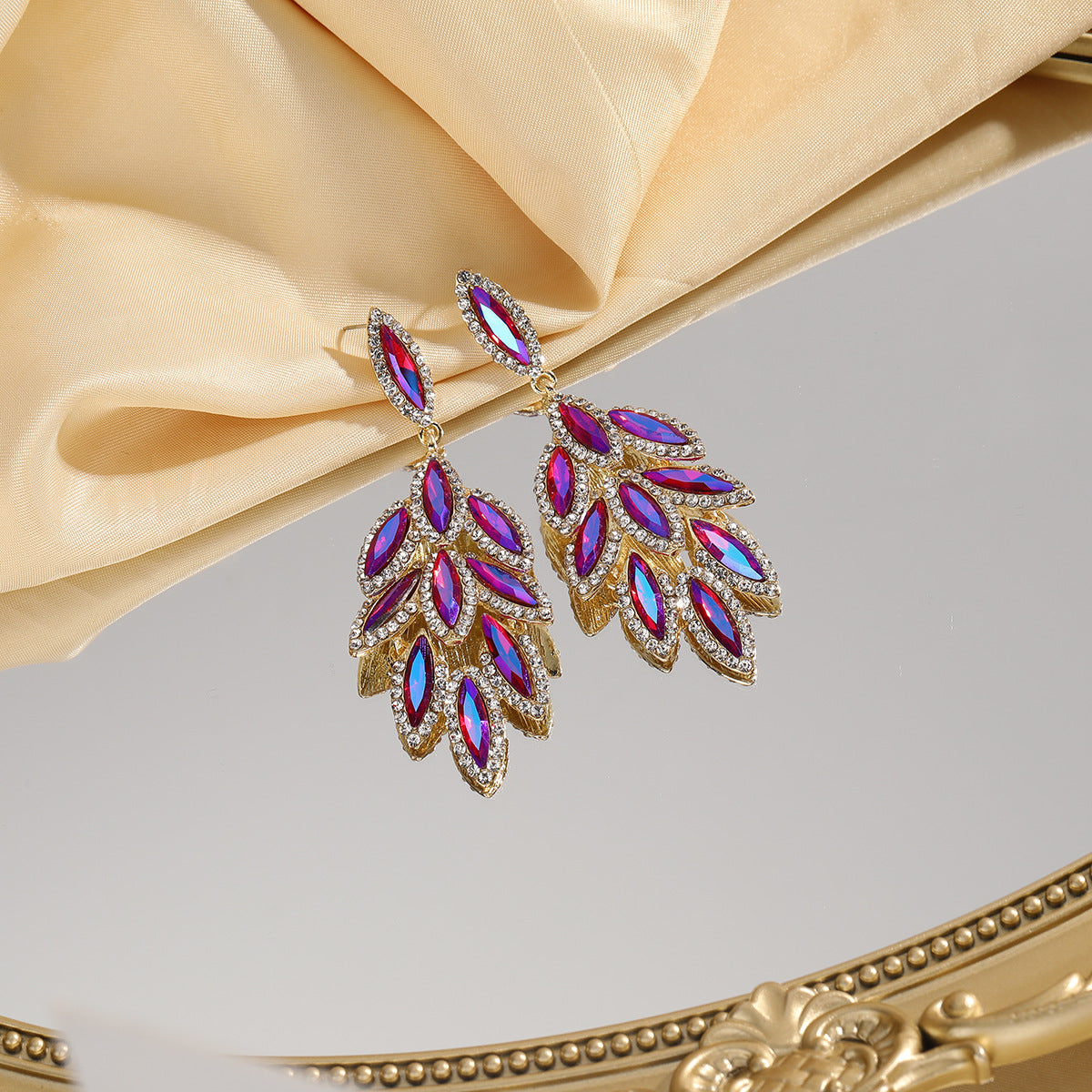 Women's Colored Diamond Exaggerated Full Flower Leaf Earrings