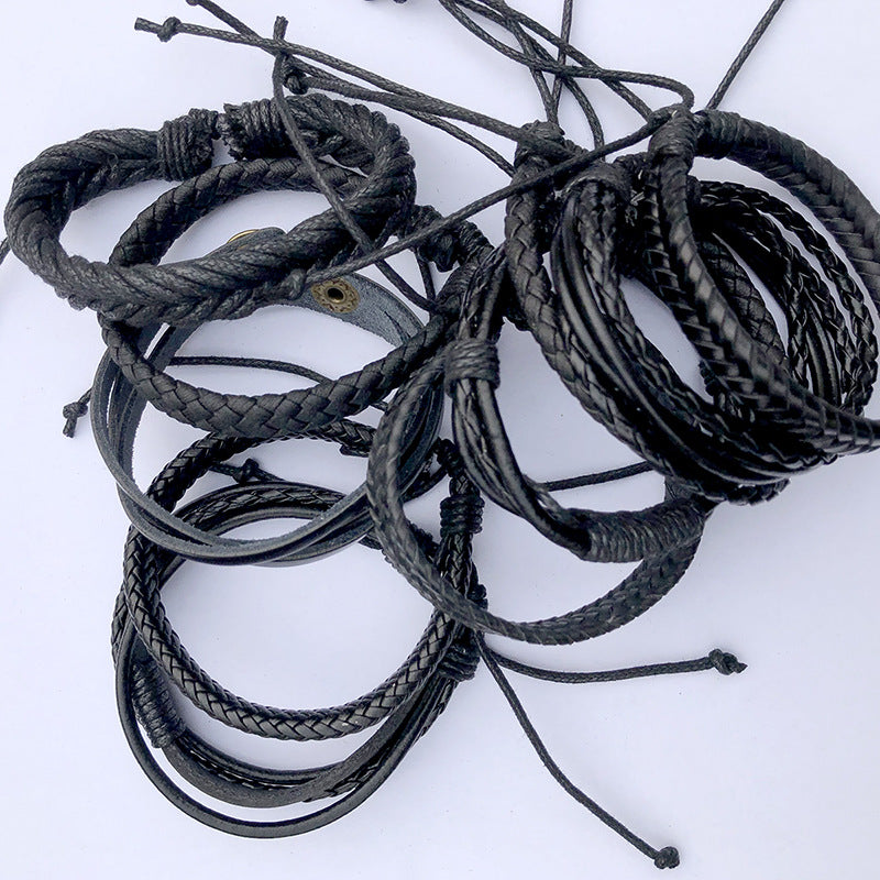 Bracelets combinés en cuir noir tissés à la main