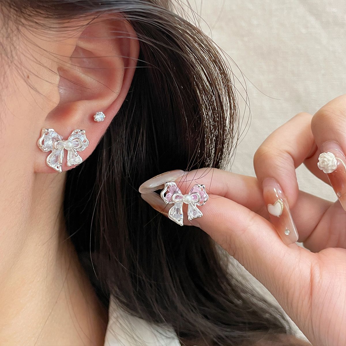 Pink Zircon Bow Female Sier Needle Korean Earrings