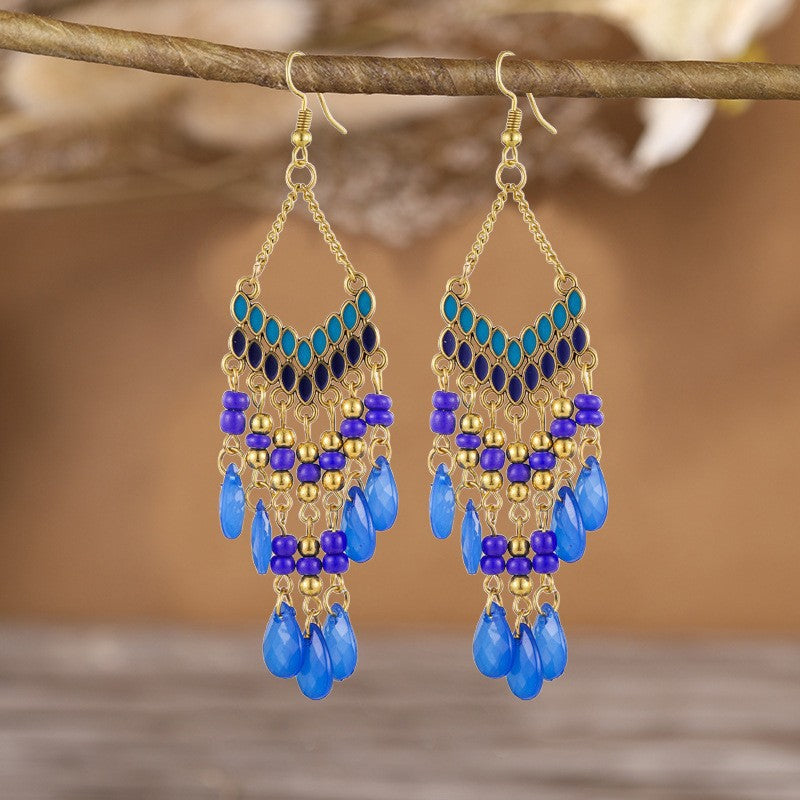 Ethnic Style Tassel Long Bohemian Crystal Yunnan Summer Earrings