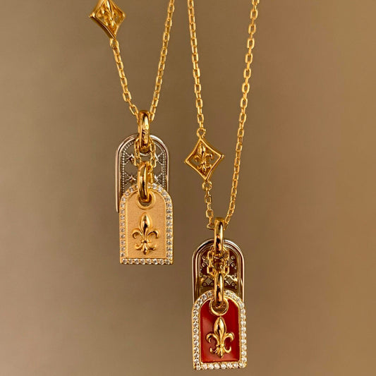 Tranquility Peace Plate Flower-de-luce Tag Red Sweater Necklaces