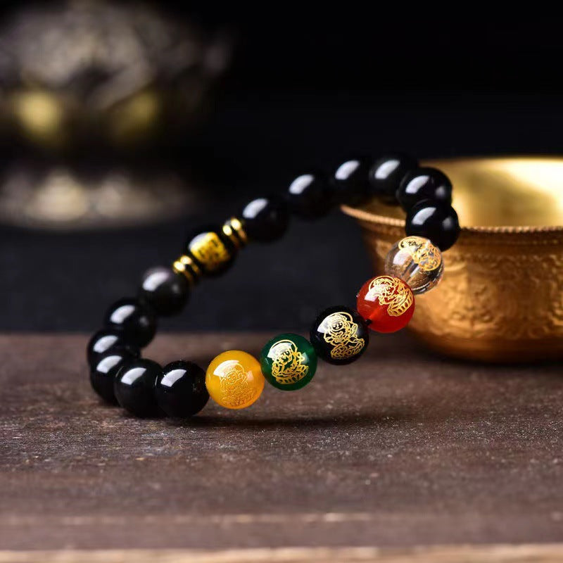 Bracelets en agate pour femmes et hommes, cinq dieux de la richesse, éléments en bois doré