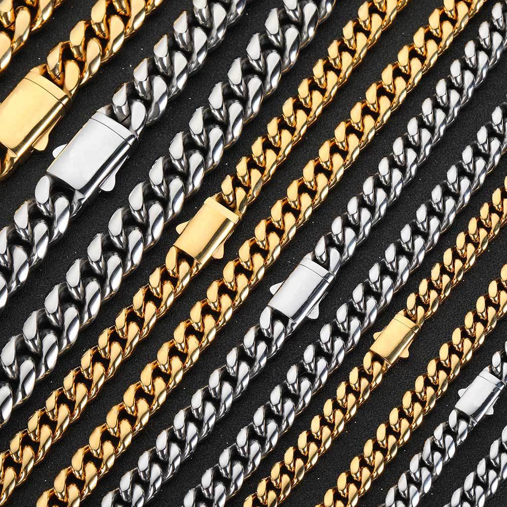 Men's Fastener Stainless Steel Cuban Link Chain Fashion Hip Jewelry Set