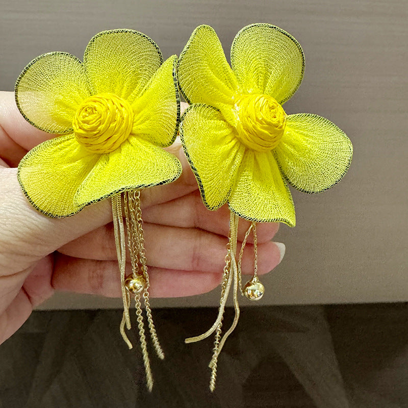 Western Style Yellow Tulle Flower Tassel Chain Long Elegant Wearing Earrings