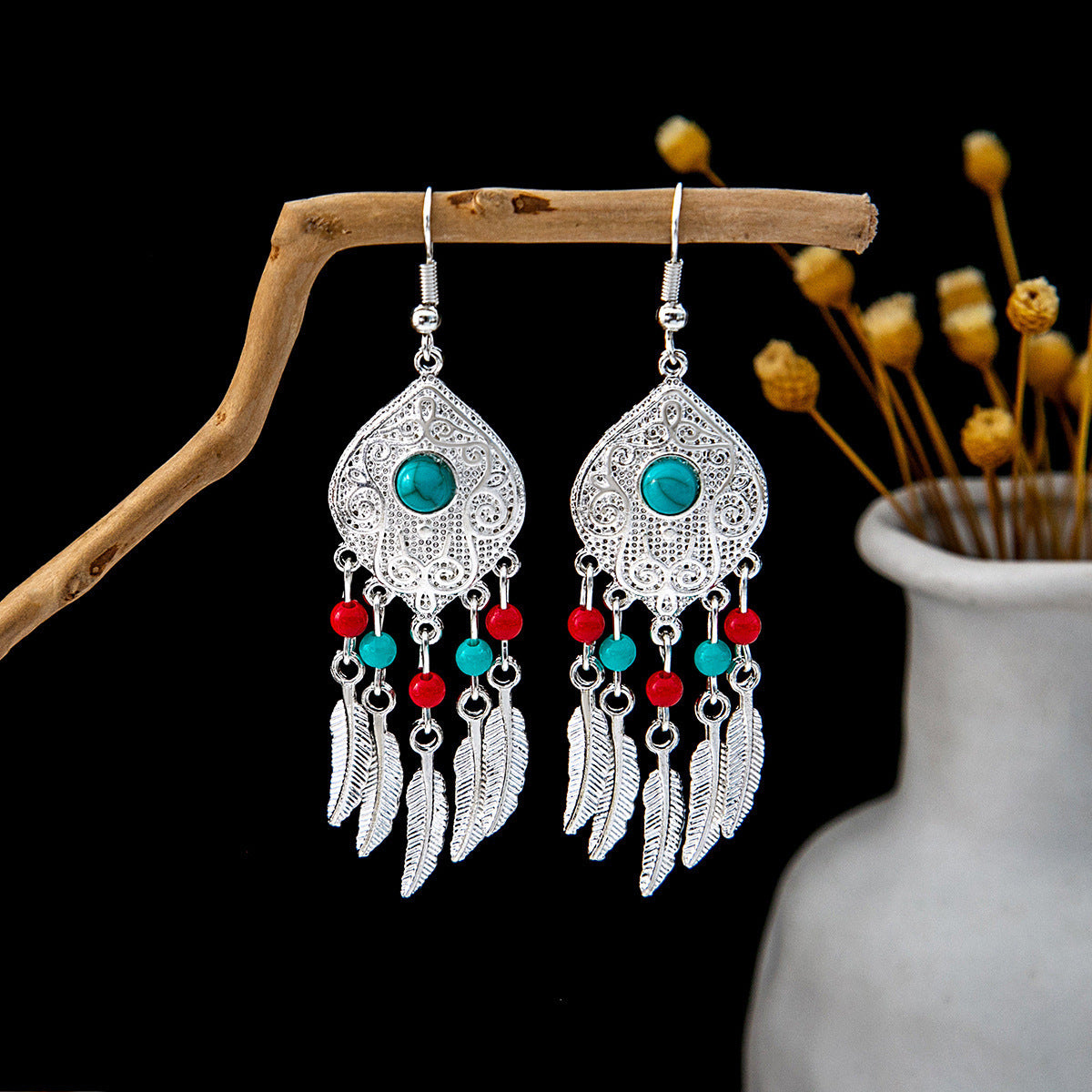 Ethnic Style Imitation Miao Sier Colorful Long Feather Tassel Earrings