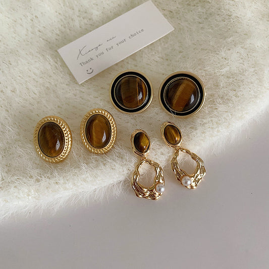 Boucles d'oreilles en métal œil de tigre rétro français pour femmes, Design de niche, simples