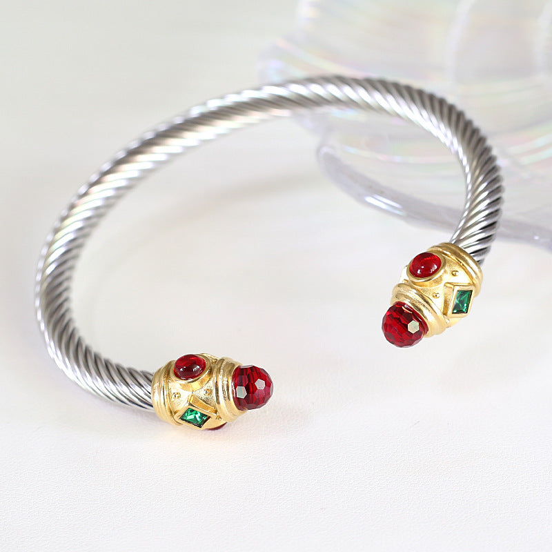 Wire Stainless Twisted Colorful Zircon Couples Openings Bracelet