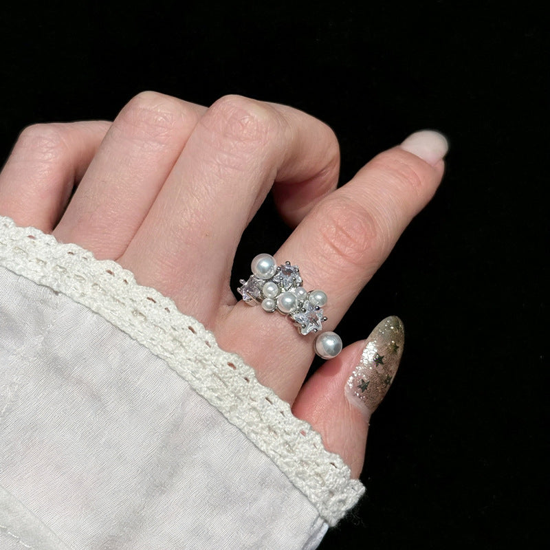 Pearl Shining Diamond Open Female Design High Sense Ring