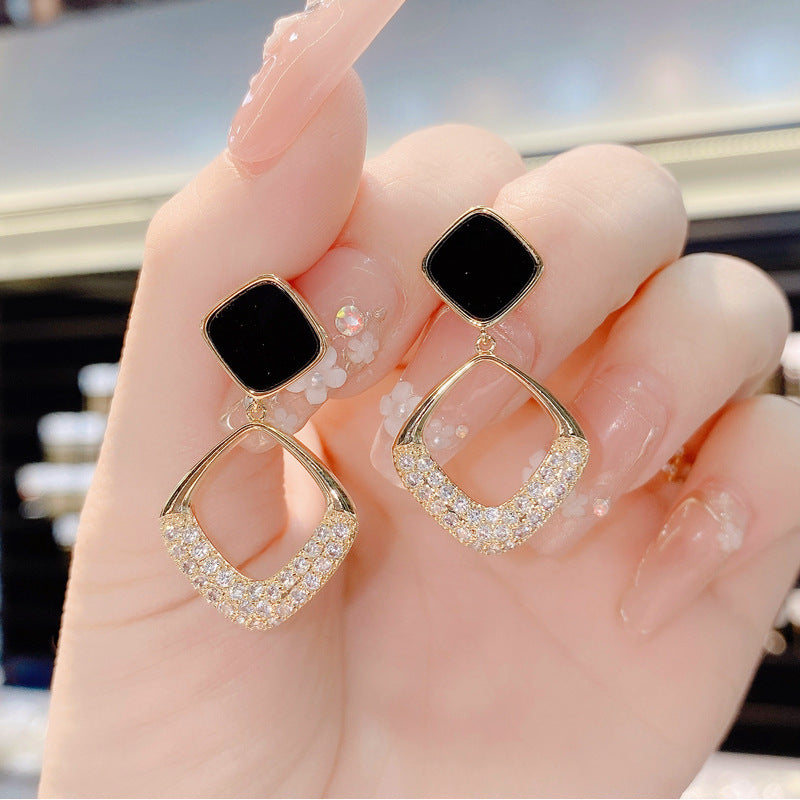 Sier Needle Simple Niche Design Geometric Diamond Rhinestone Temperament Dripping Rings