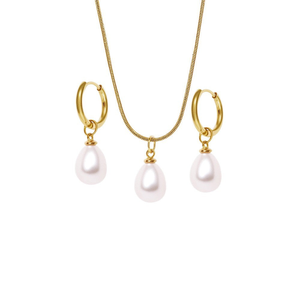 Stainless Steel Style High-grade Water Drop Pearl Suite Female Jewelry Set