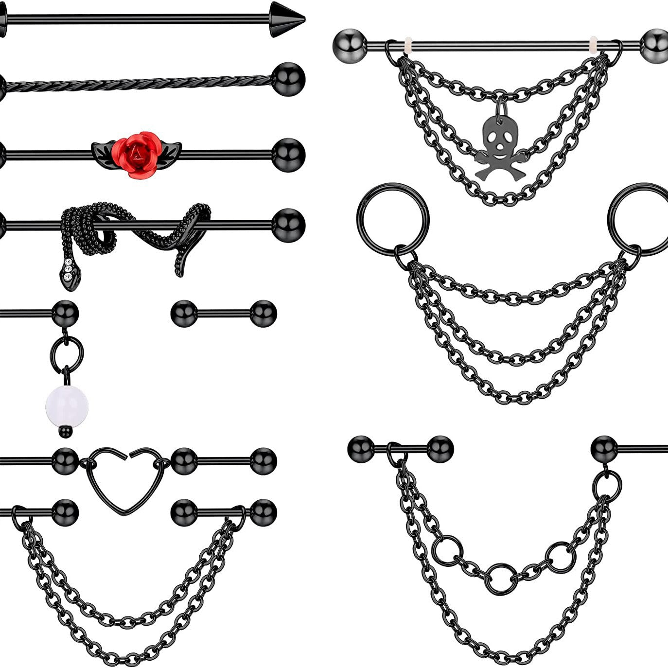 Industrial Rod Ear Bone Gem Flower Snake Chain Stud Earrings