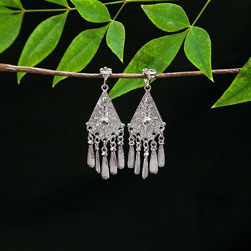 Women's Ethnic Geometric Tassel Ear Clip Miao Sier Retro Elegant Earrings
