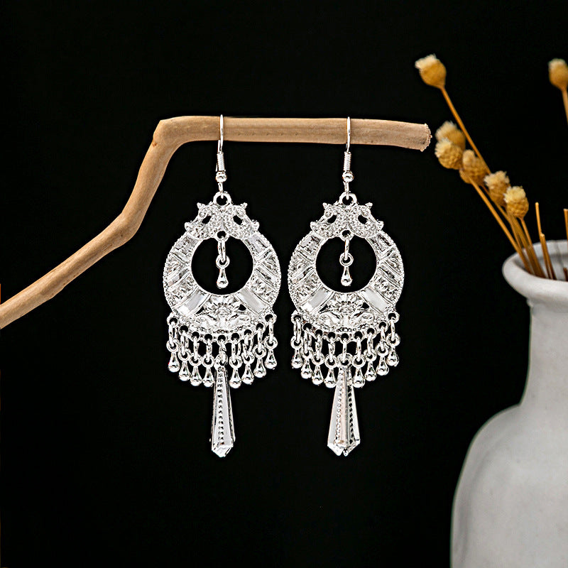 Sier Minority Ethnic Style Personalized Bohemian Flower Earrings