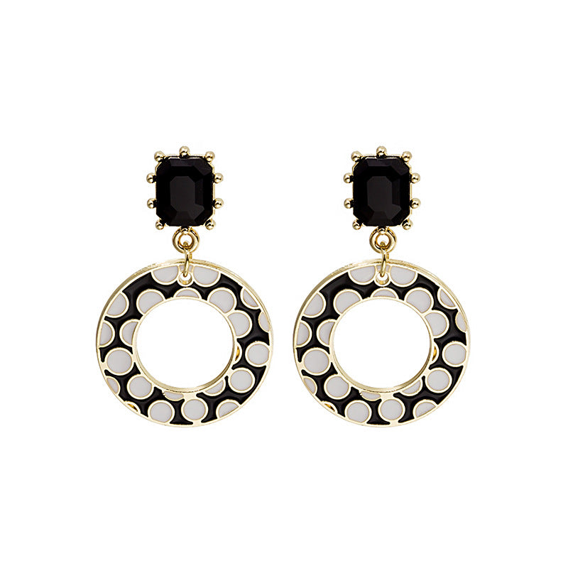 Sier Needle Black And White Polka Dot Drop Earrings