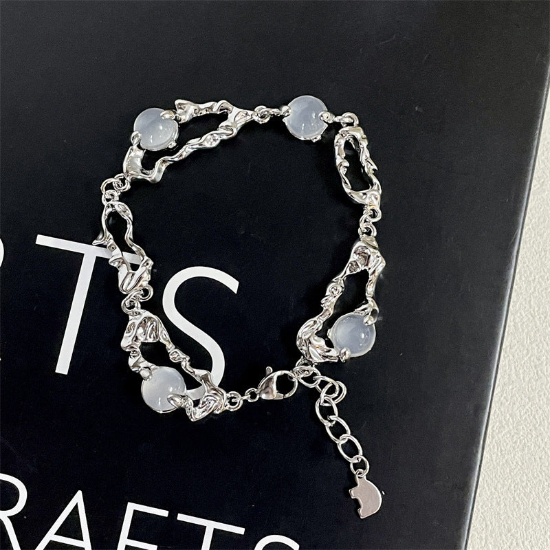 Titanium Steel Moonstone Design White Agate Inlaid Beaded Bracelets