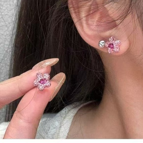 Women's Sweet Shiny Diamond Small Pink Flower Simple Fashion Good-looking Cute Stud Earrings