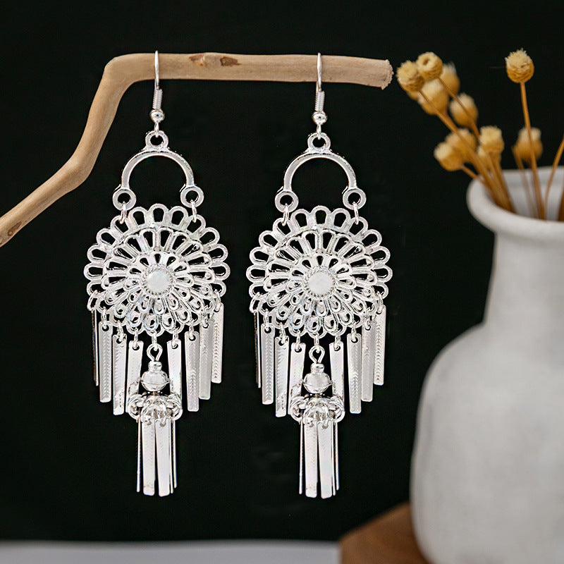 Sier Minority Ethnic Style Personalized Bohemian Flower Earrings