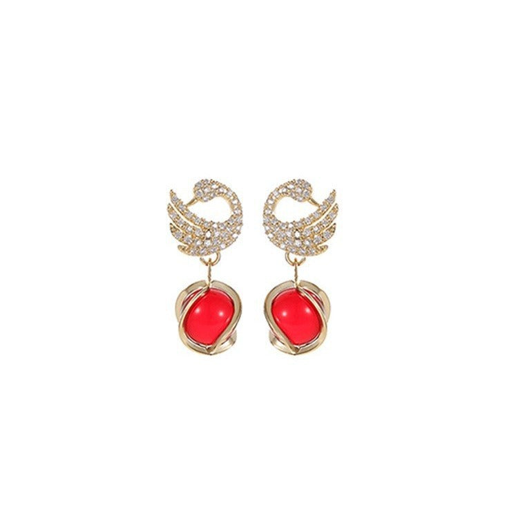 High-grade Swan Trendy Temperament Red Opal Earrings