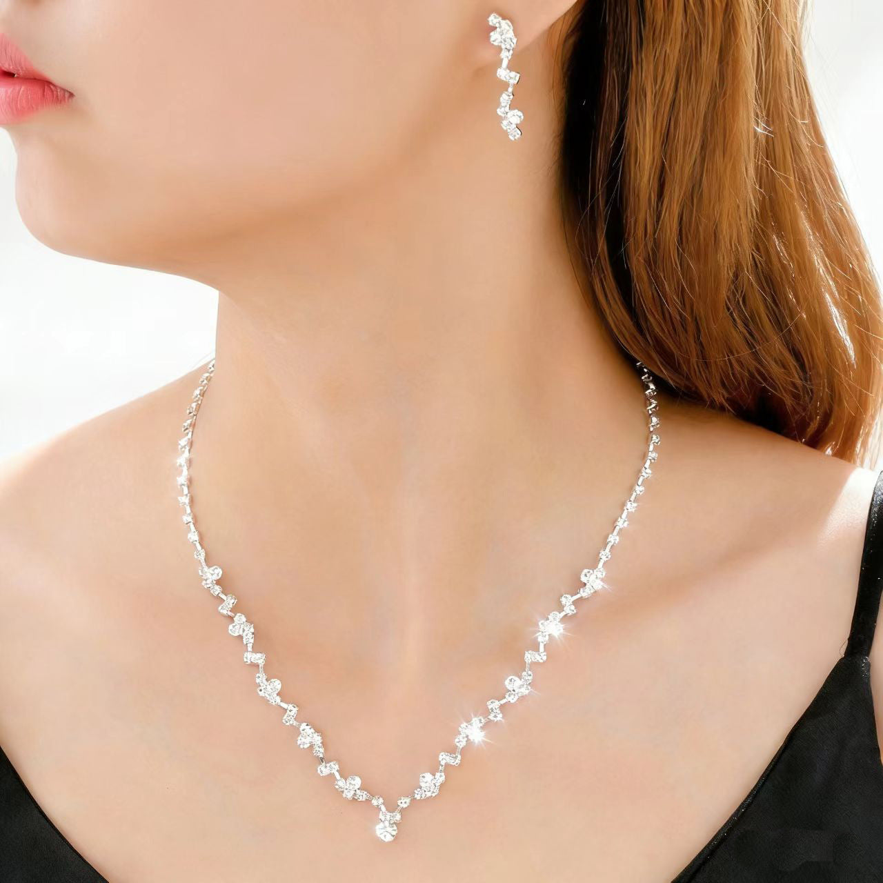 Simple Exquisite Three-piece Full Diamond Clavicle Dinner Jewelry Set