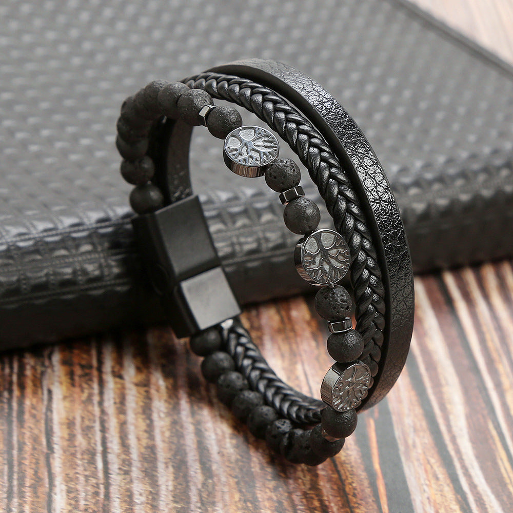 Men's Natural Stone Stainless Steel Volcanic Rock Magnetic Buckle Bracelets