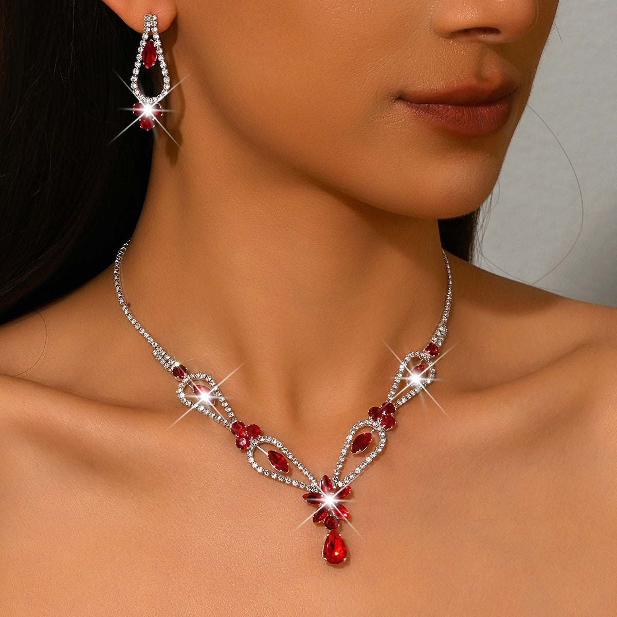 French Sweet Rhinestone Flower Bridal Wedding Fashion High Sense Copper Jewelry Set